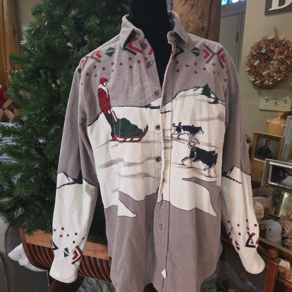 Ralph Lauren Vintage Polo Gray and Red Usa Dog Sled Holiday Flannel Button Shirt